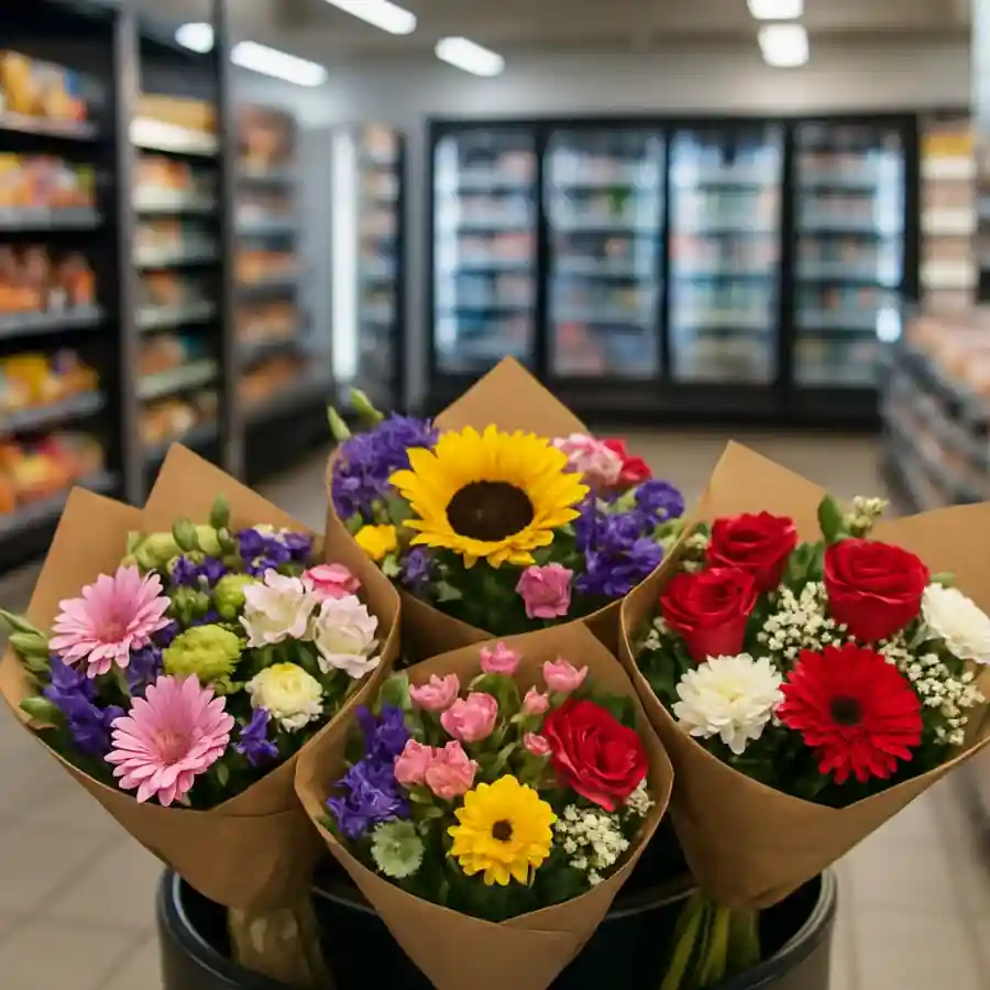 תצוגת זרי פרחים מוכנים ובולטים בחנות נוחות בקריות לקנייה מהירה בסוף השבוע