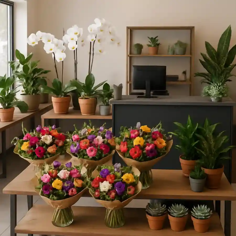 נקודת מכירה עם זרי פרחים, סחלבים ועציצים בחנות קטנה בחיננית