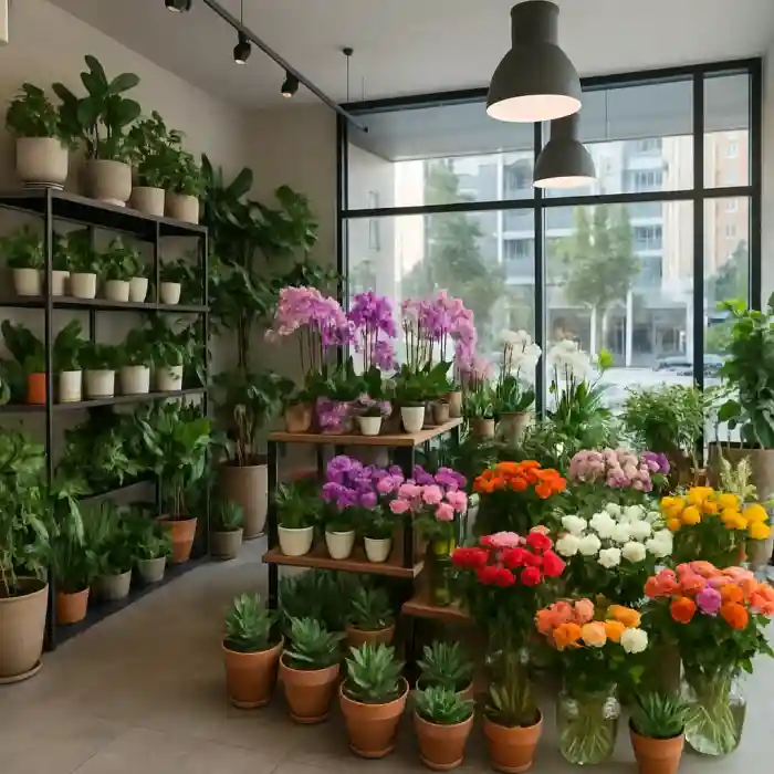 תצוגת עציצים וזרי פרחים בסיטונאות בחנות בתל אביב המספקת צמחים לעסקים