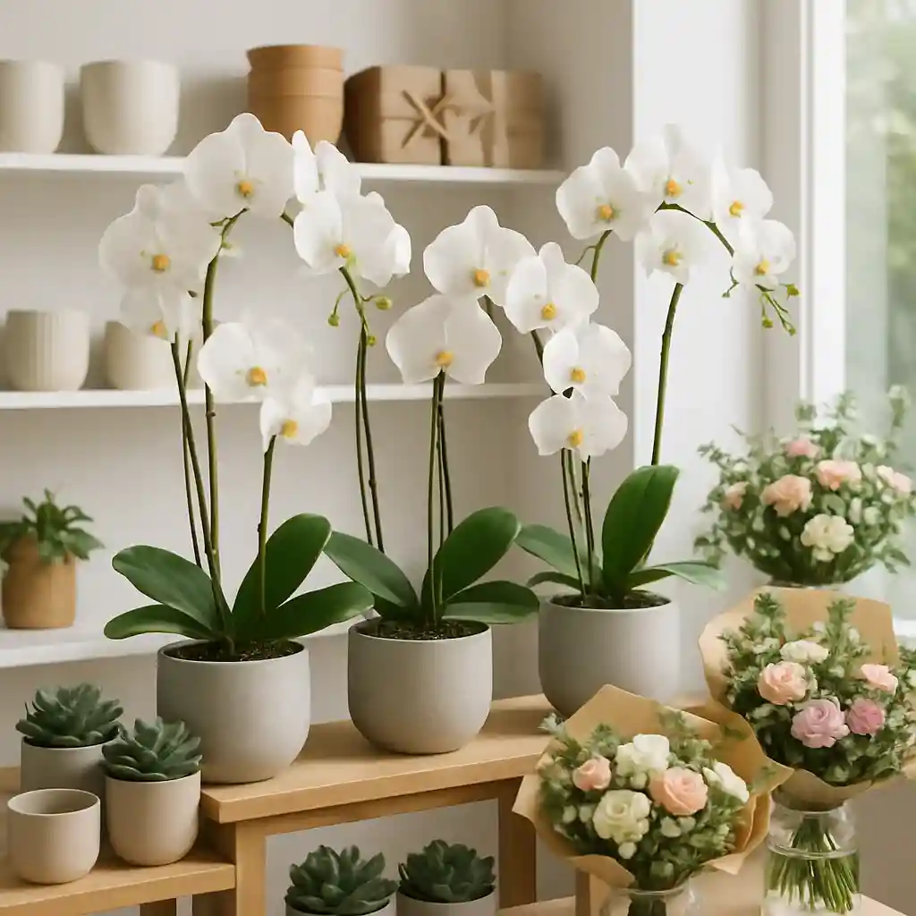 תצוגת סחלבים ממוזגת עם מתנות ועציצים בחנות מתנות