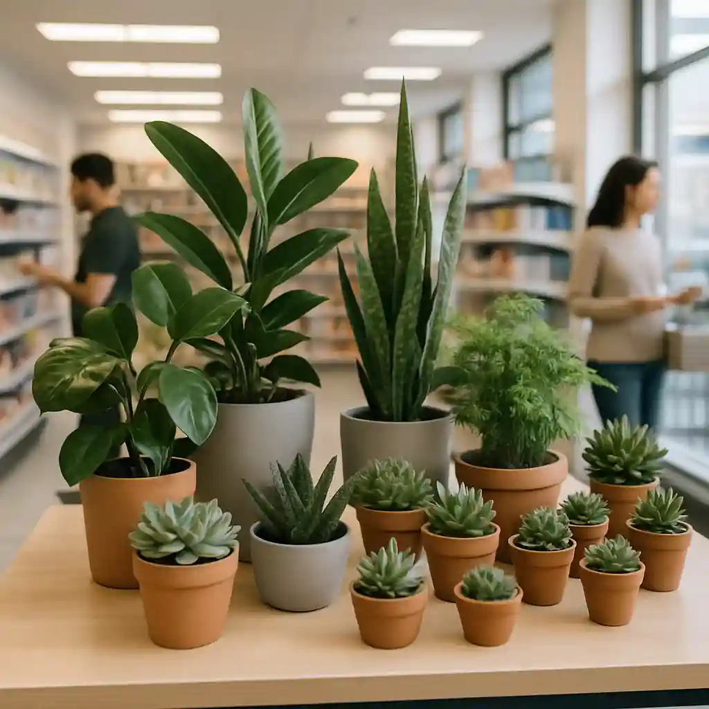 תצוגה של עציצים בגדלים שונים בחנות נוחות, מוצגים בצורה נוחה ונגישה ללקוחות