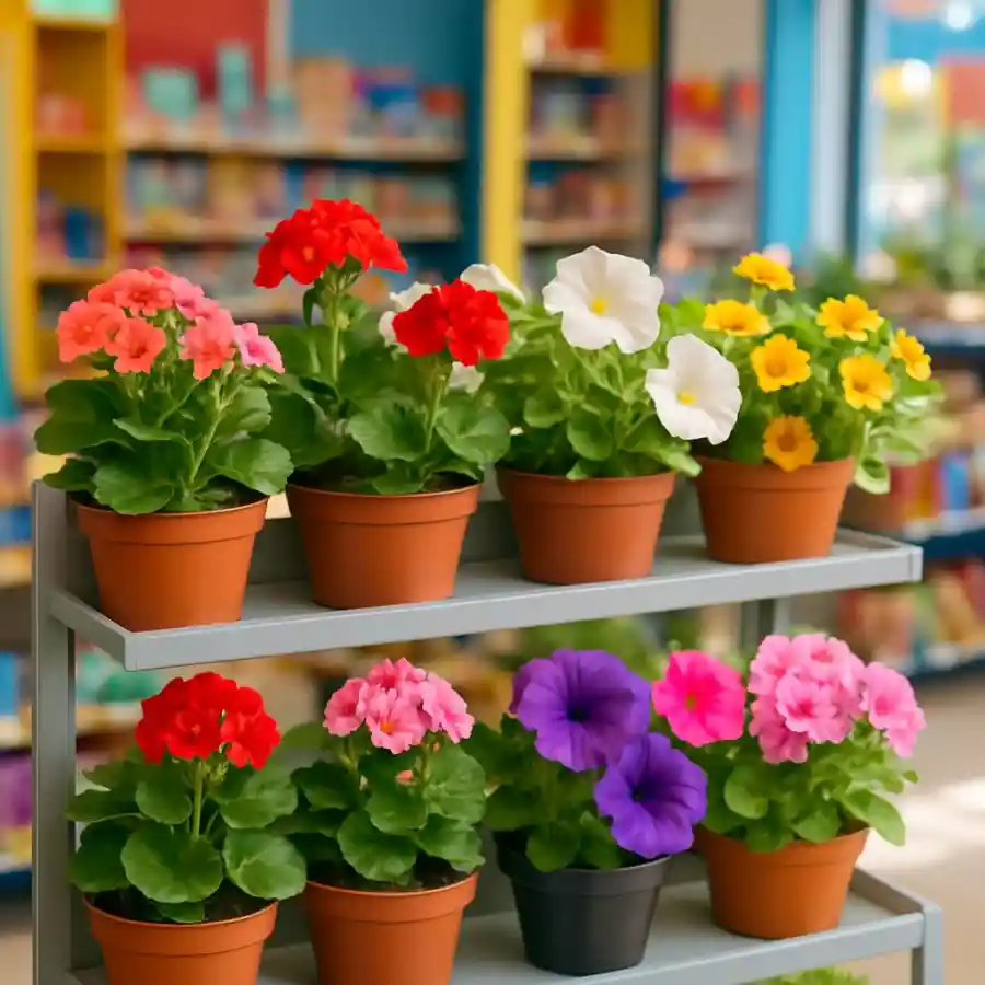 עציצים פורחים קטנים על מדף תצוגה בחנות צבעונית ומסודרת