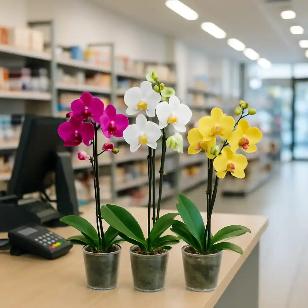 סחלבים קטנים למכירה מותקנים בצורה מסודרת באזור הקופה בעסק