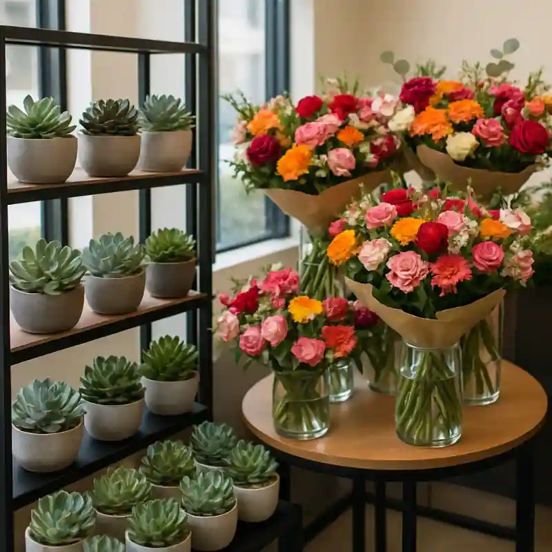 תצוגה משולבת של סוקולנטים וזרי פרחים בעסק מסחרי
